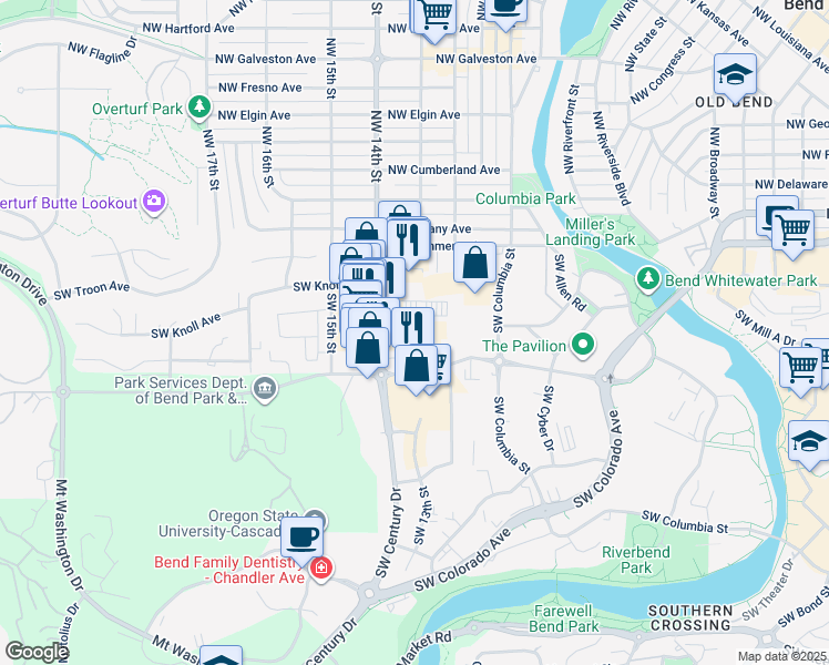 map of restaurants, bars, coffee shops, grocery stores, and more near 210 Southwest Century Drive in Bend