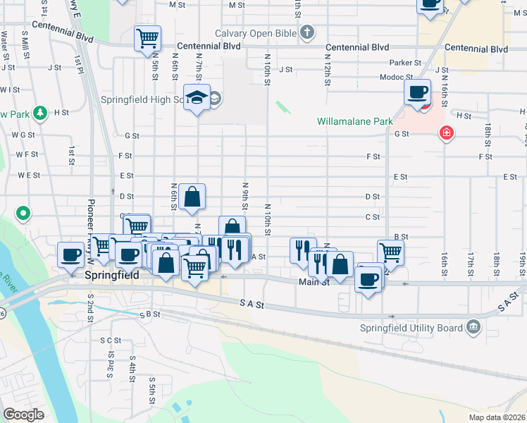map of restaurants, bars, coffee shops, grocery stores, and more near 918 C Street in Springfield