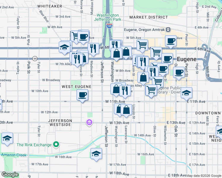 map of restaurants, bars, coffee shops, grocery stores, and more near in Eugene