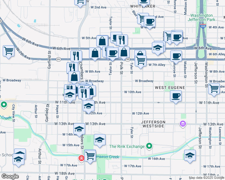 map of restaurants, bars, coffee shops, grocery stores, and more near 993 Taylor Street in Eugene