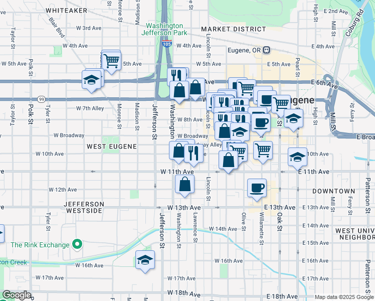 map of restaurants, bars, coffee shops, grocery stores, and more near 988 Lawrence Street in Eugene
