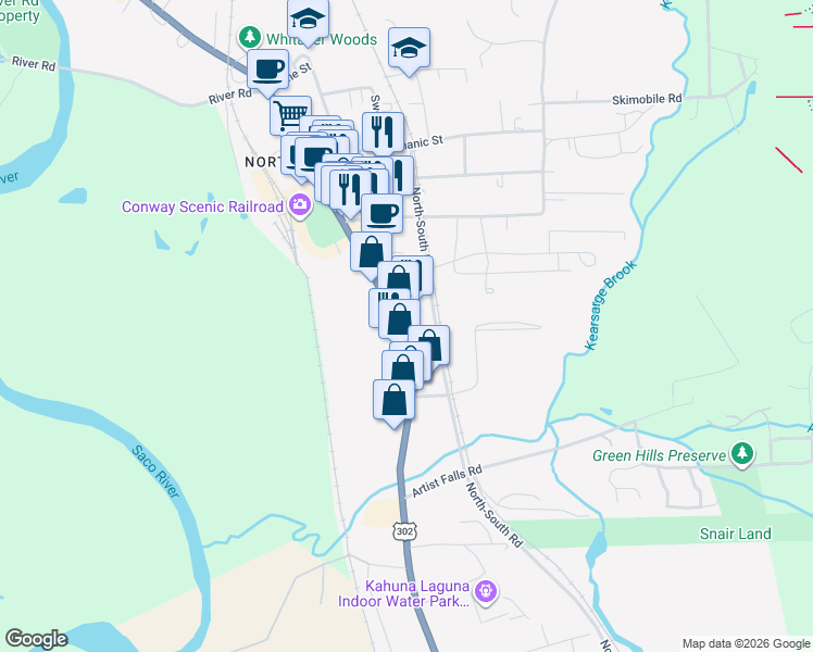 map of restaurants, bars, coffee shops, grocery stores, and more near 2503 White Mountain Highway in Conway