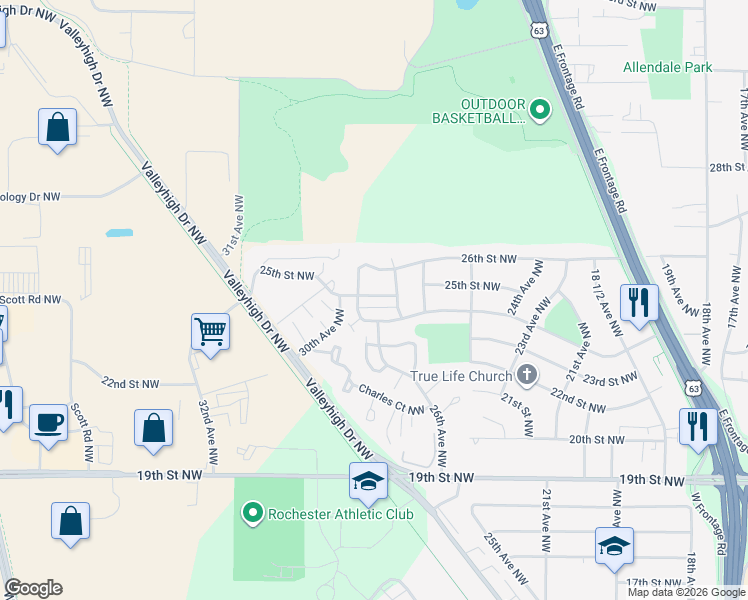 map of restaurants, bars, coffee shops, grocery stores, and more near 2860 25th Street Northwest in Rochester