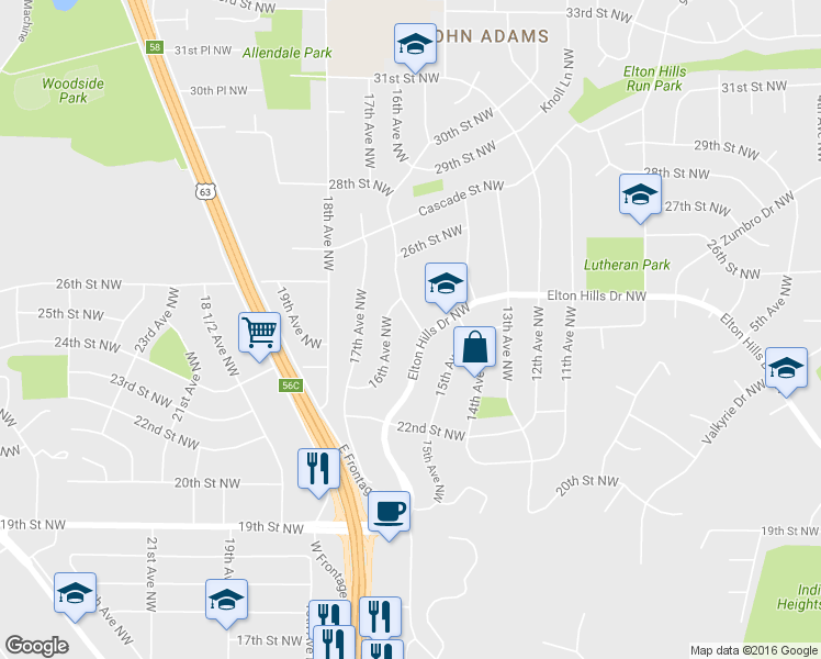 map of restaurants, bars, coffee shops, grocery stores, and more near 2405 15th Avenue Northwest in Rochester