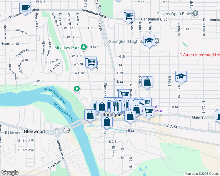 map of restaurants, bars, coffee shops, grocery stores, and more near 230 C Street in Springfield