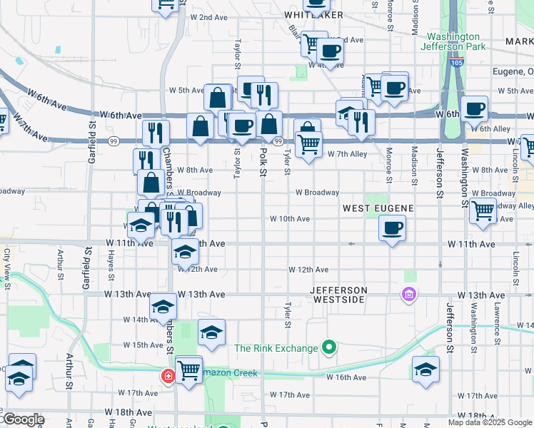 map of restaurants, bars, coffee shops, grocery stores, and more near 991 Polk Street in Eugene