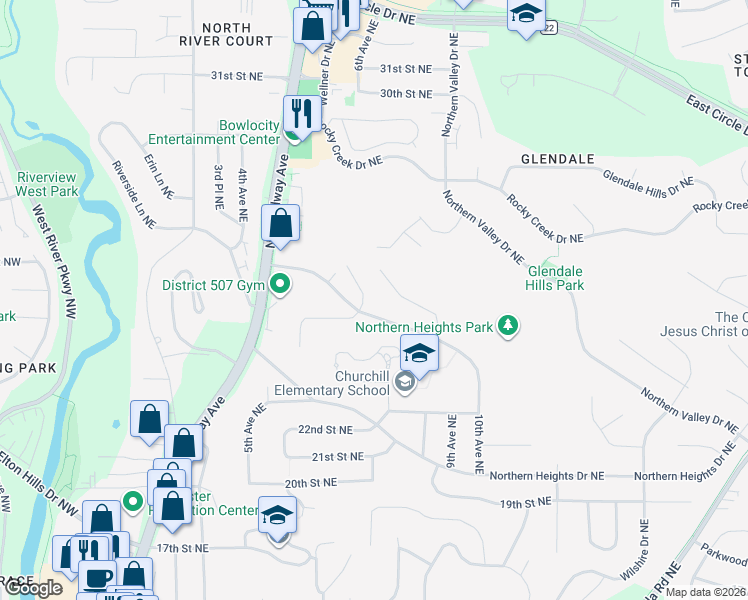 map of restaurants, bars, coffee shops, grocery stores, and more near 2510 Northern Hills Court Northeast in Rochester