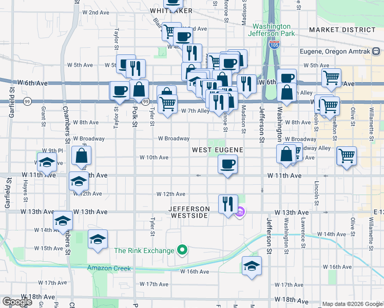 map of restaurants, bars, coffee shops, grocery stores, and more near 991 West 10th Avenue in Eugene