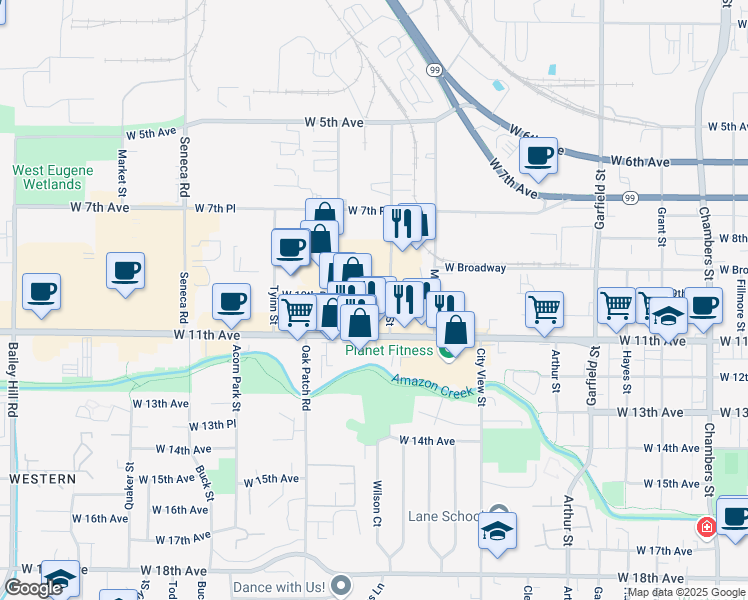 map of restaurants, bars, coffee shops, grocery stores, and more near 960 Wilson Street in Eugene