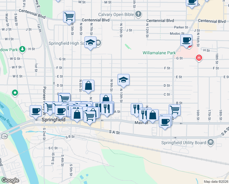 map of restaurants, bars, coffee shops, grocery stores, and more near 918 C Street in Springfield