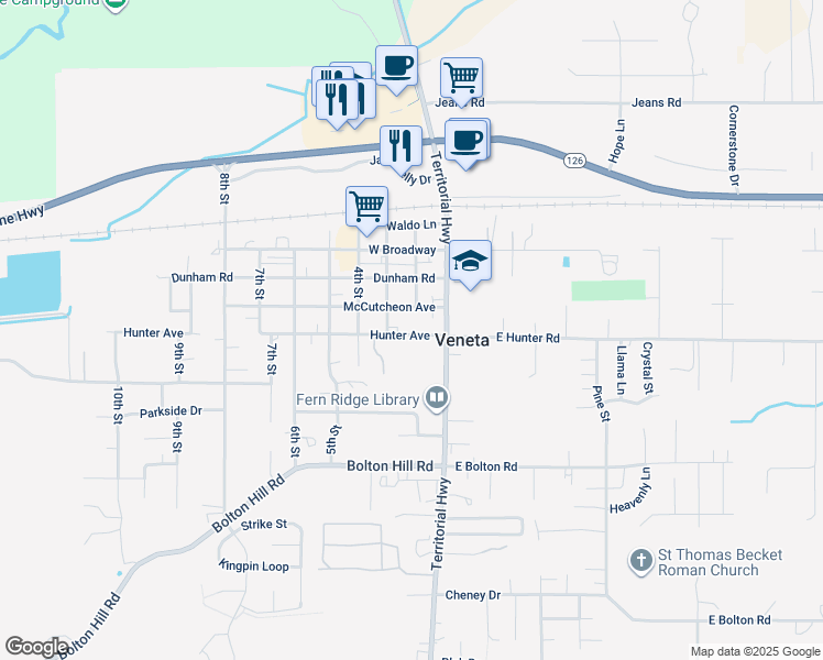 map of restaurants, bars, coffee shops, grocery stores, and more near 25011 Hunter Avenue in Veneta