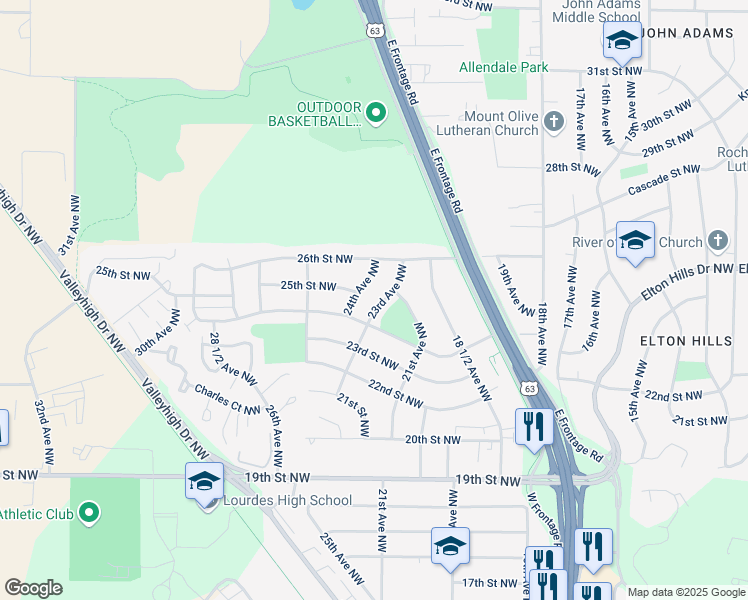 map of restaurants, bars, coffee shops, grocery stores, and more near 2417 23rd Ave NW in Rochester