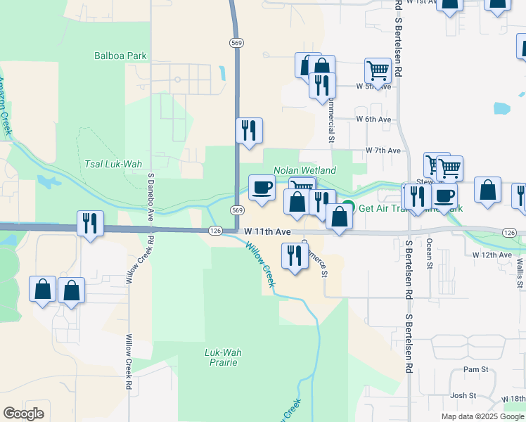 map of restaurants, bars, coffee shops, grocery stores, and more near 4575 West 11th Avenue in Eugene