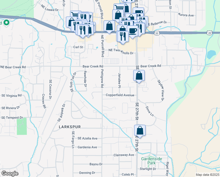 map of restaurants, bars, coffee shops, grocery stores, and more near 61941 Southeast Lorrin Place in Bend