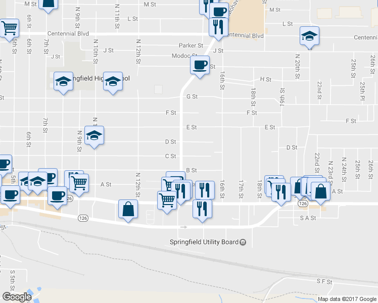 map of restaurants, bars, coffee shops, grocery stores, and more near 1424 C Street in Springfield