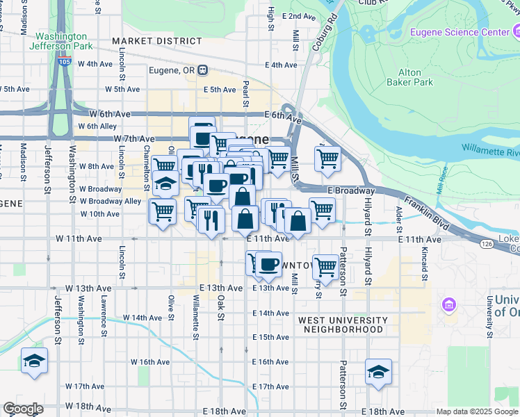 map of restaurants, bars, coffee shops, grocery stores, and more near 257 East 10th Avenue in Eugene