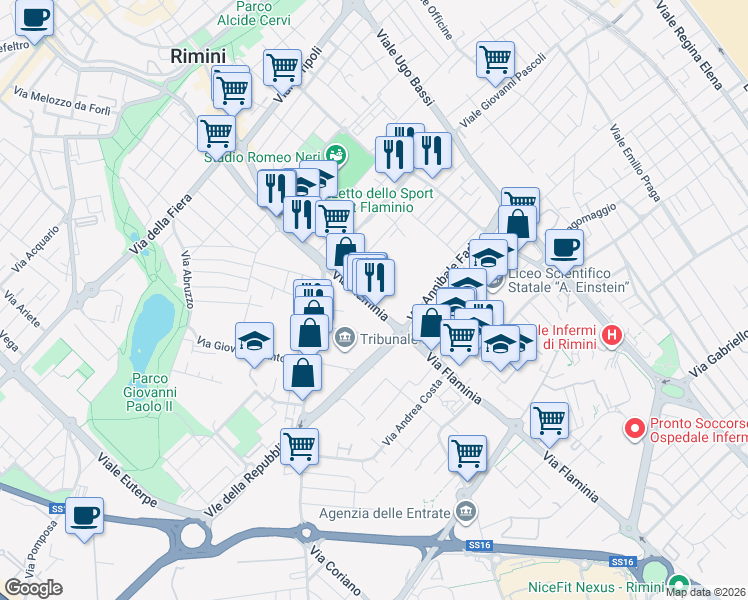 map of restaurants, bars, coffee shops, grocery stores, and more near 66 Via Flaminia in Rimini