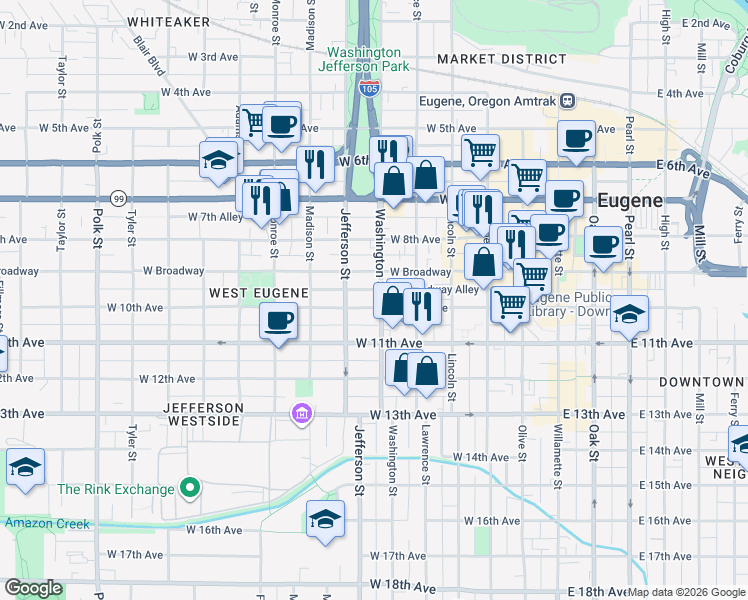 map of restaurants, bars, coffee shops, grocery stores, and more near in Eugene