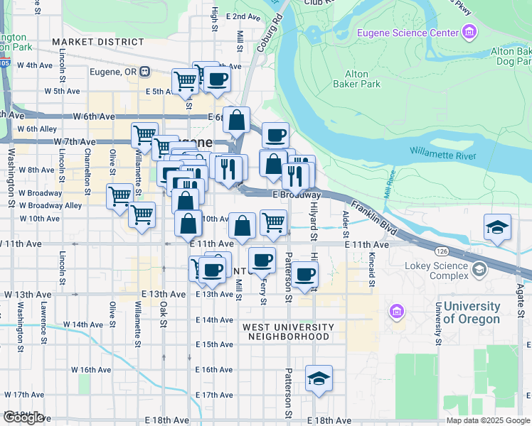 map of restaurants, bars, coffee shops, grocery stores, and more near 998 Ferry Lane in Eugene