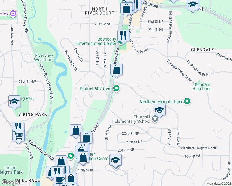 map of restaurants, bars, coffee shops, grocery stores, and more near 2410 North Broadway Avenue in Rochester