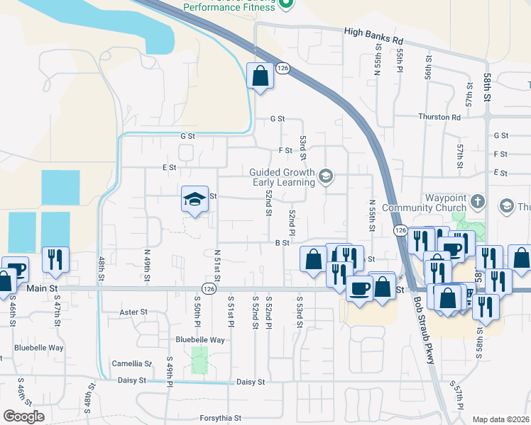 map of restaurants, bars, coffee shops, grocery stores, and more near 424 52nd Street in Springfield
