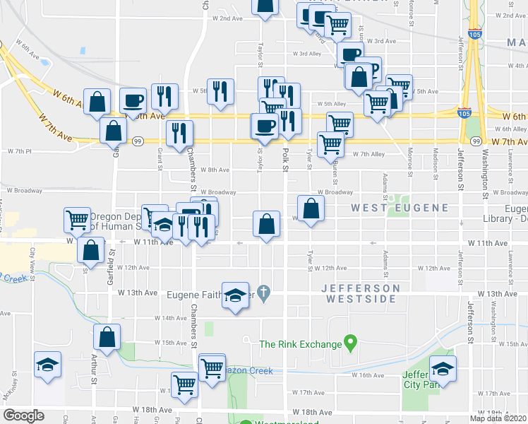 map of restaurants, bars, coffee shops, grocery stores, and more near 993 Taylor St in Eugene