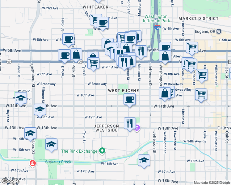 map of restaurants, bars, coffee shops, grocery stores, and more near 909 West 10th Avenue in Eugene