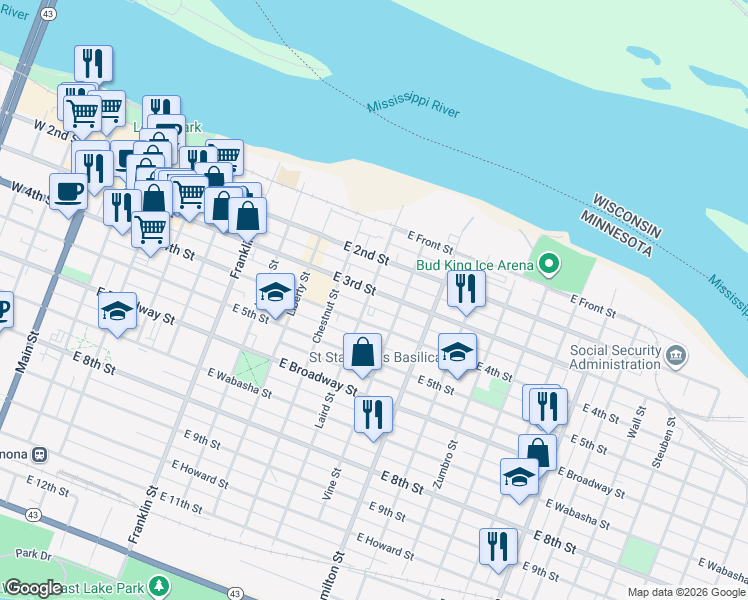 map of restaurants, bars, coffee shops, grocery stores, and more near 451 East 3rd Street in Winona