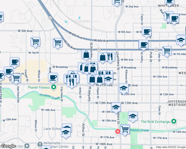 map of restaurants, bars, coffee shops, grocery stores, and more near 980 Oregon 126 in Eugene