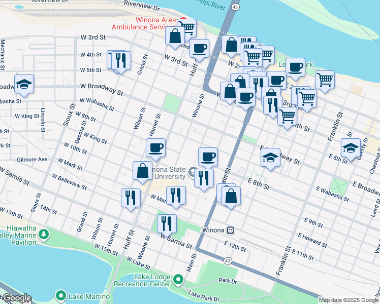 map of restaurants, bars, coffee shops, grocery stores, and more near 369 Washington Street in Winona