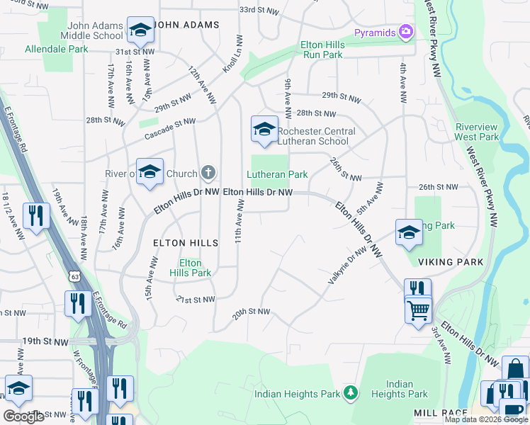 map of restaurants, bars, coffee shops, grocery stores, and more near 932 24th Street Northwest in Rochester