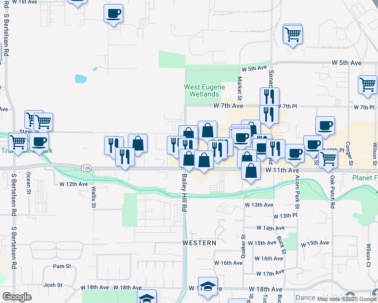 map of restaurants, bars, coffee shops, grocery stores, and more near 1055 Bailey Hill Road in Eugene