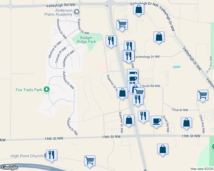 map of restaurants, bars, coffee shops, grocery stores, and more near 2454 Superior Lane Northwest in Rochester