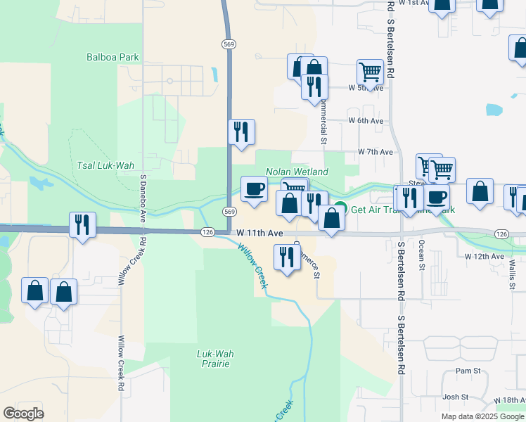 map of restaurants, bars, coffee shops, grocery stores, and more near 4575W West 11th Avenue in Eugene