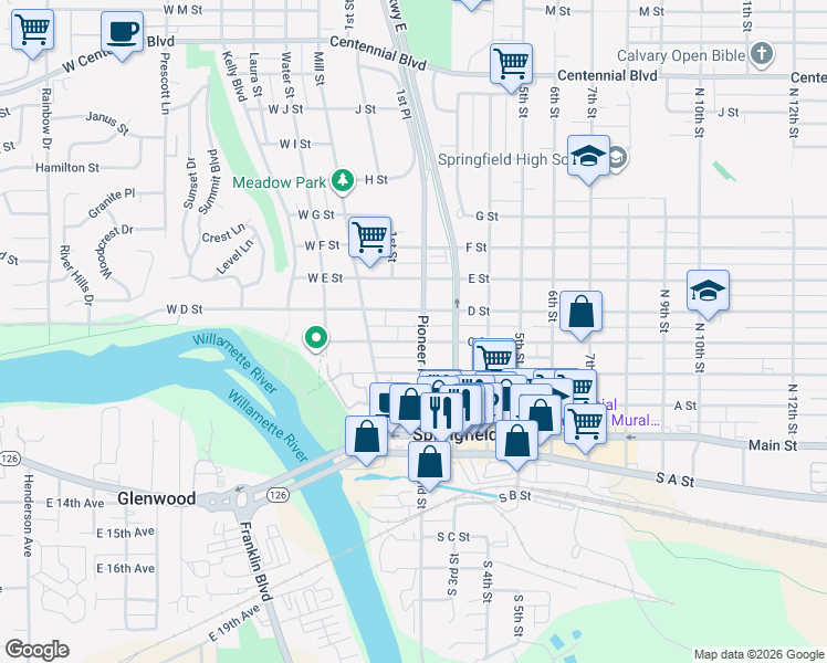 map of restaurants, bars, coffee shops, grocery stores, and more near 154 C Street in Springfield