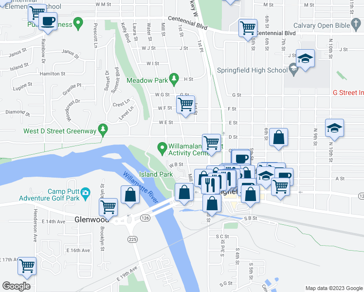 map of restaurants, bars, coffee shops, grocery stores, and more near 414 Mill Street in Springfield