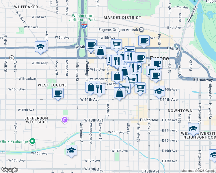 map of restaurants, bars, coffee shops, grocery stores, and more near 999 Lincoln Street in Eugene
