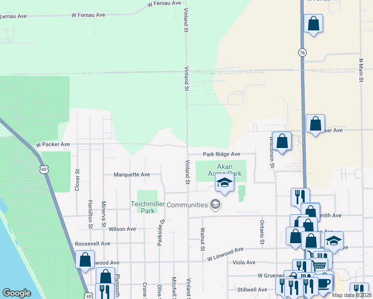 map of restaurants, bars, coffee shops, grocery stores, and more near 2558 Vinland Street in Oshkosh