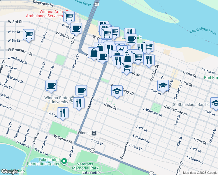 map of restaurants, bars, coffee shops, grocery stores, and more near 306 Center Street in Winona