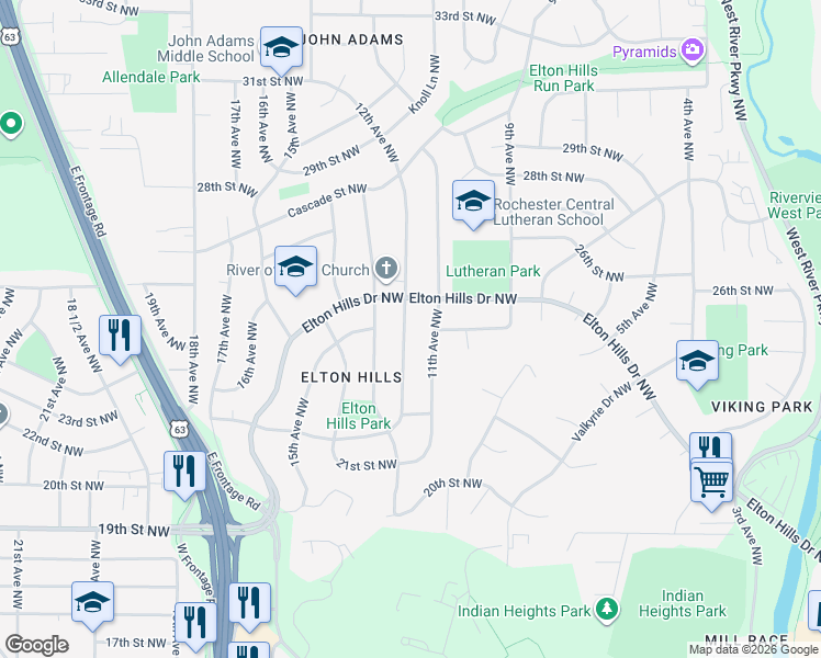 map of restaurants, bars, coffee shops, grocery stores, and more near 2412 12th Avenue Northwest in Rochester