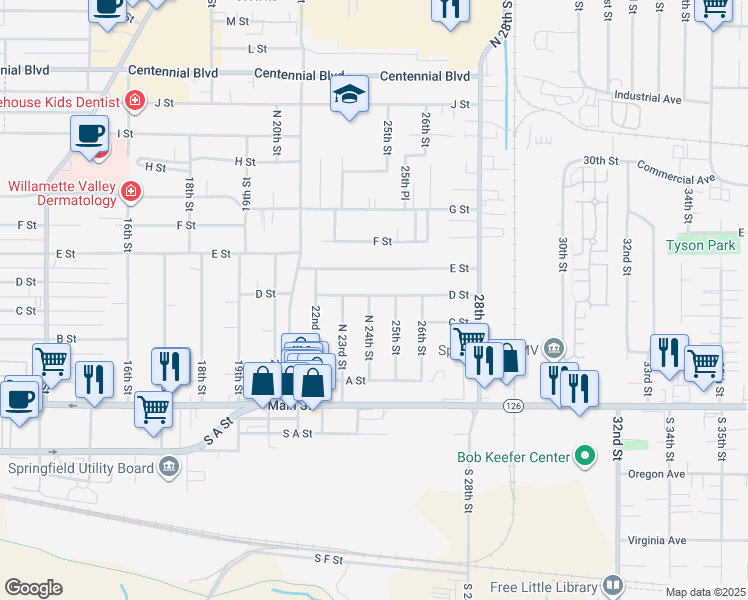 map of restaurants, bars, coffee shops, grocery stores, and more near 465 North 24th Street in Springfield
