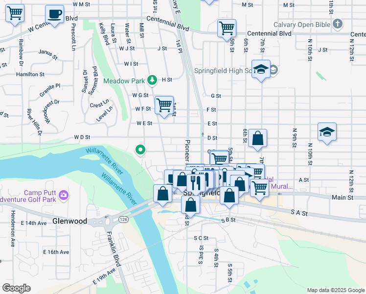 map of restaurants, bars, coffee shops, grocery stores, and more near 124 C Street in Springfield