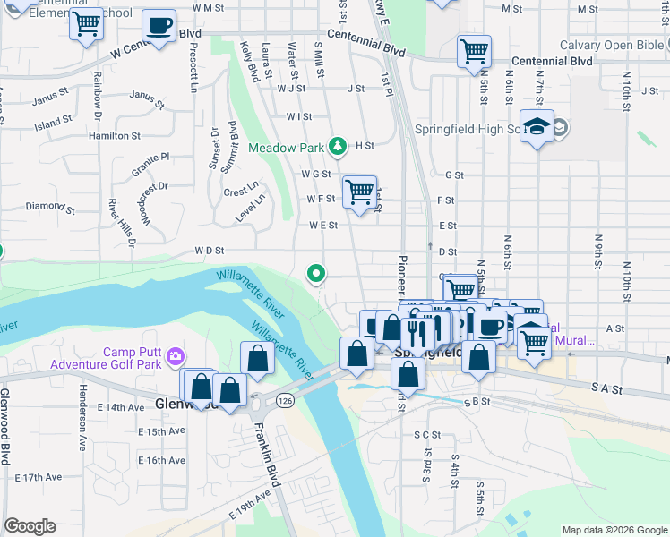 map of restaurants, bars, coffee shops, grocery stores, and more near 176 West C Street in Springfield
