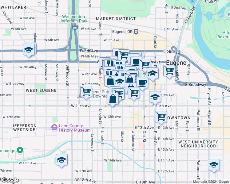 map of restaurants, bars, coffee shops, grocery stores, and more near 1034 Lawrence Street in Eugene