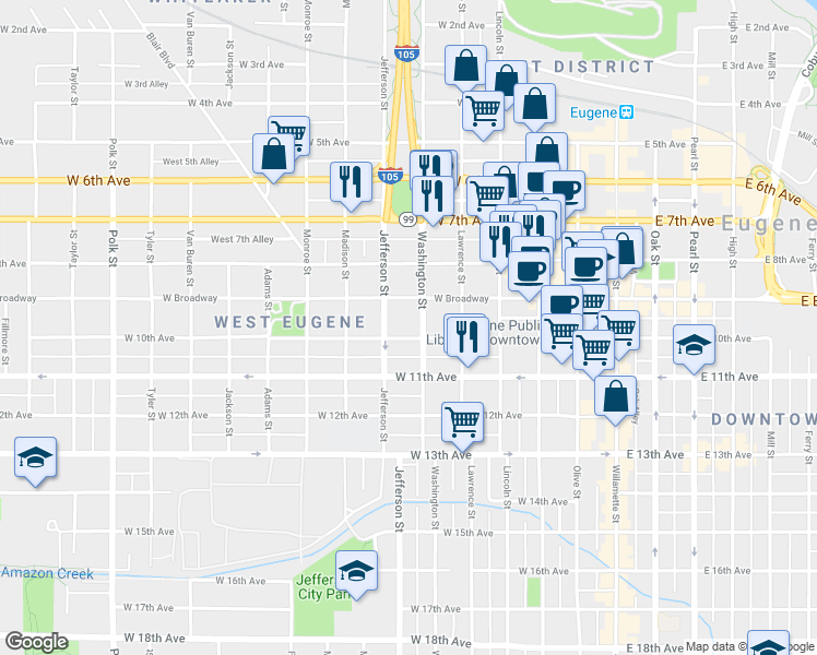 map of restaurants, bars, coffee shops, grocery stores, and more near in Eugene