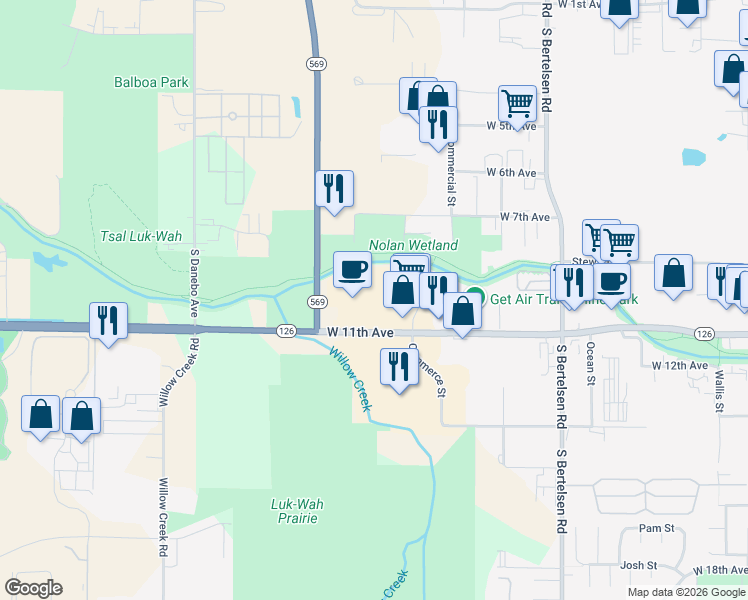 map of restaurants, bars, coffee shops, grocery stores, and more near 4575W West 11th Avenue in Eugene
