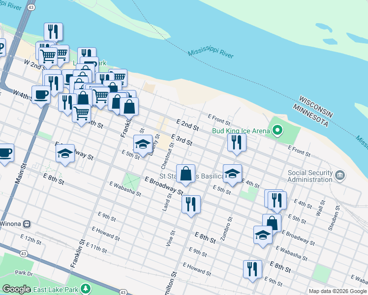 map of restaurants, bars, coffee shops, grocery stores, and more near 451 East 3rd Street in Winona