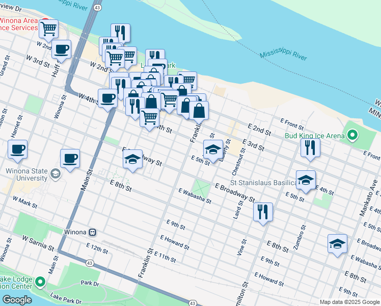 map of restaurants, bars, coffee shops, grocery stores, and more near 260 East 5th Street in Winona