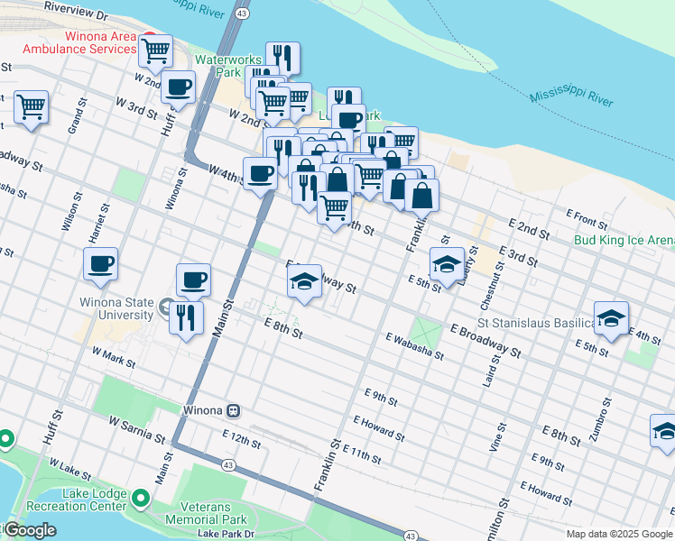 map of restaurants, bars, coffee shops, grocery stores, and more near 276 Walnut Street in Winona