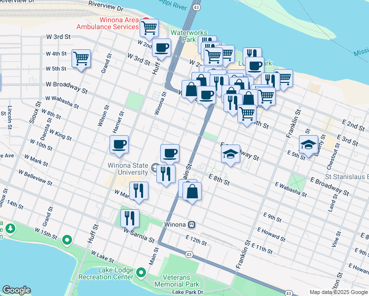 map of restaurants, bars, coffee shops, grocery stores, and more near 121 West Wabasha Street in Winona